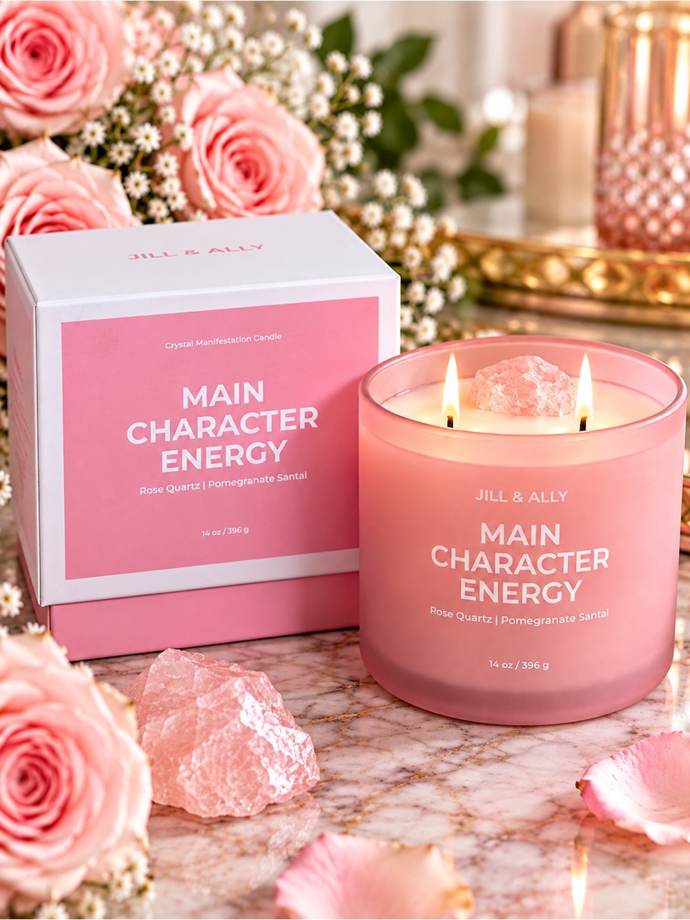 Jill & Ally Main Character Energy Rose Quartz Crystal Manifest Candle 14 oz New